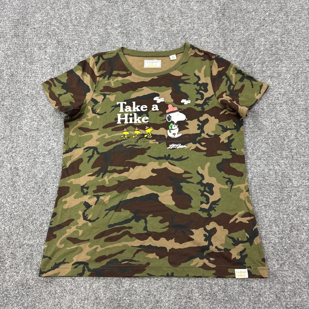 LL Bean Shirt Womens M Green Camouflage Snoopy Take A Hike Peanuts Graphic Tee